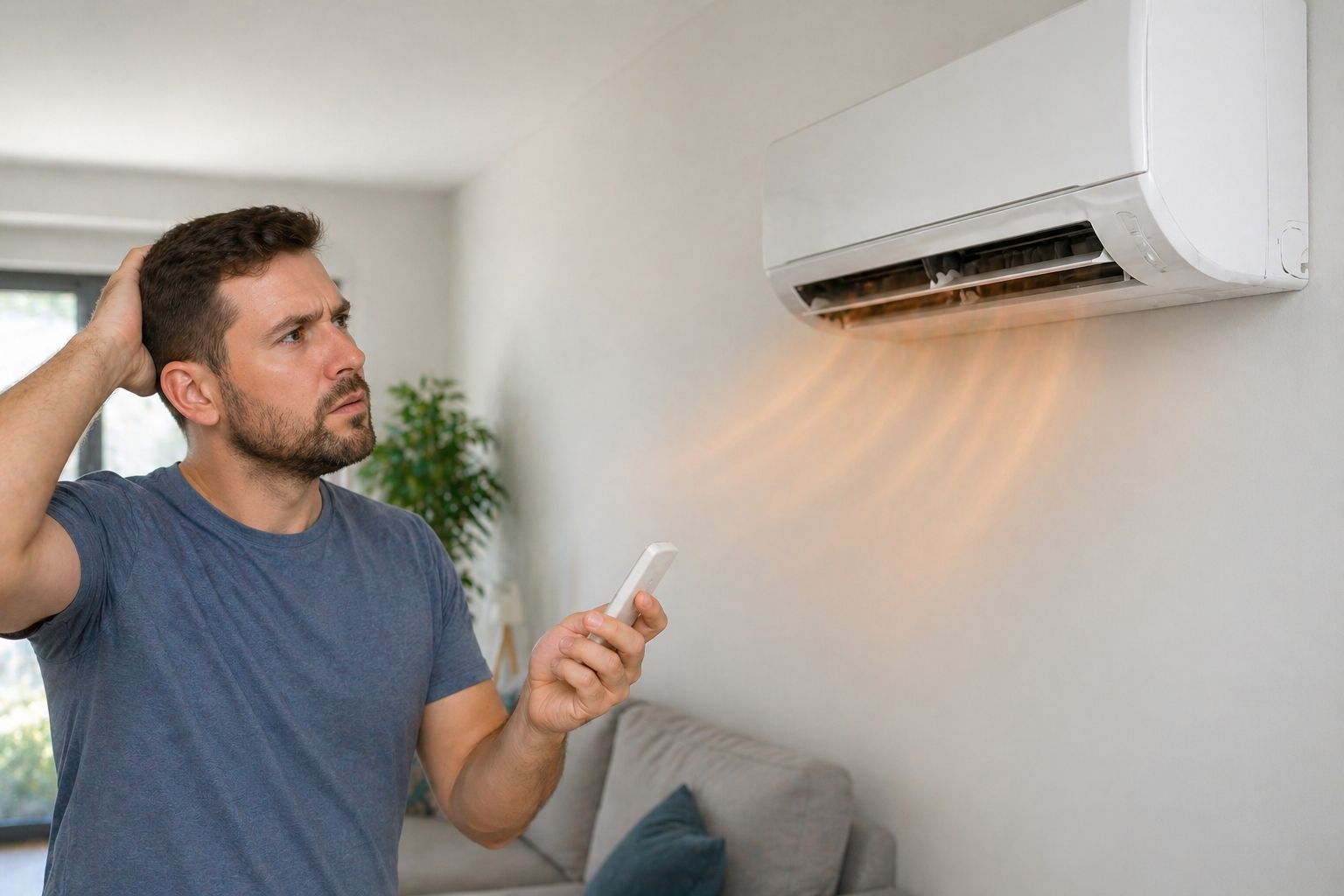 Man checking an AC unit blowing warm air inside a home