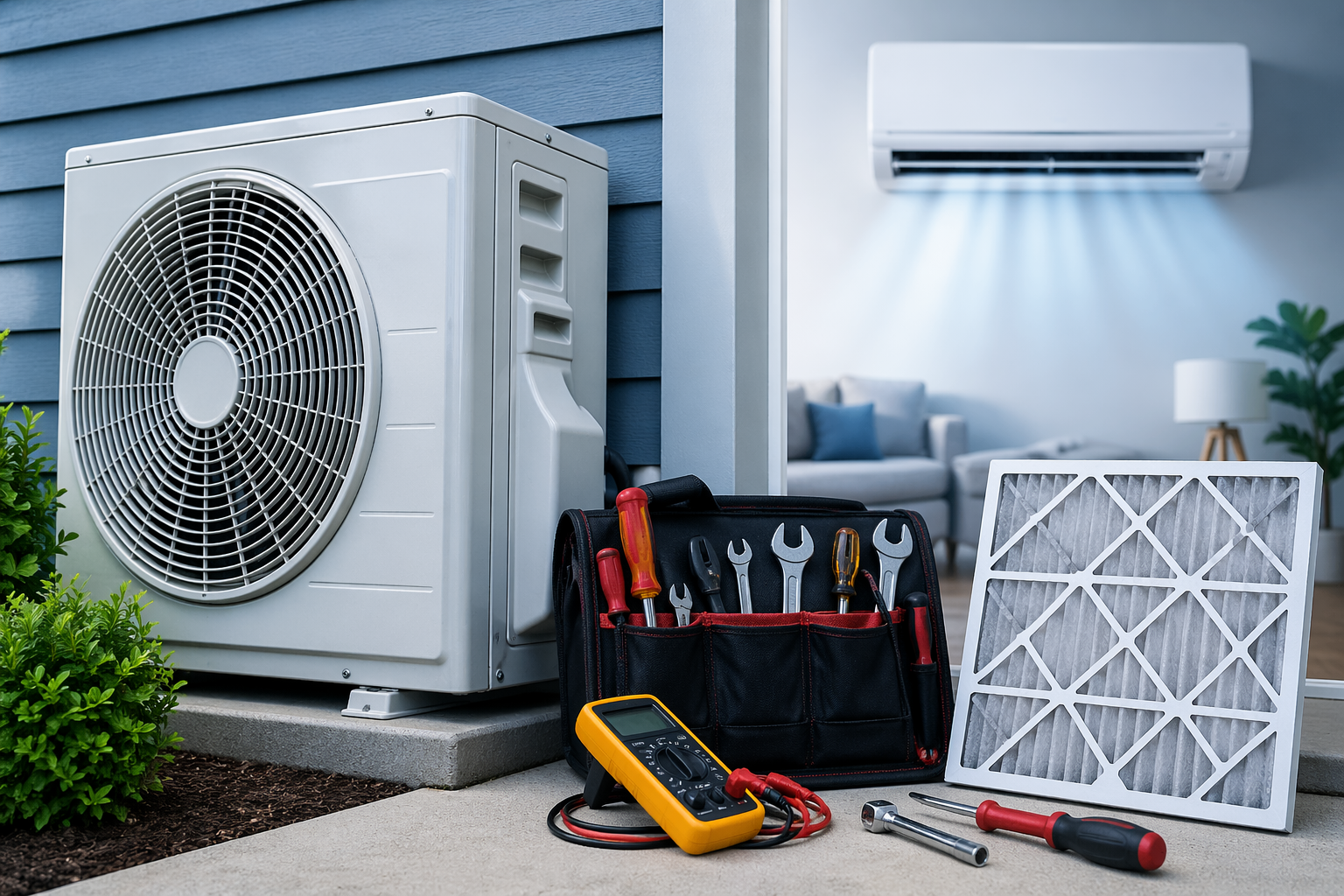 outside ac unit with tools for repair