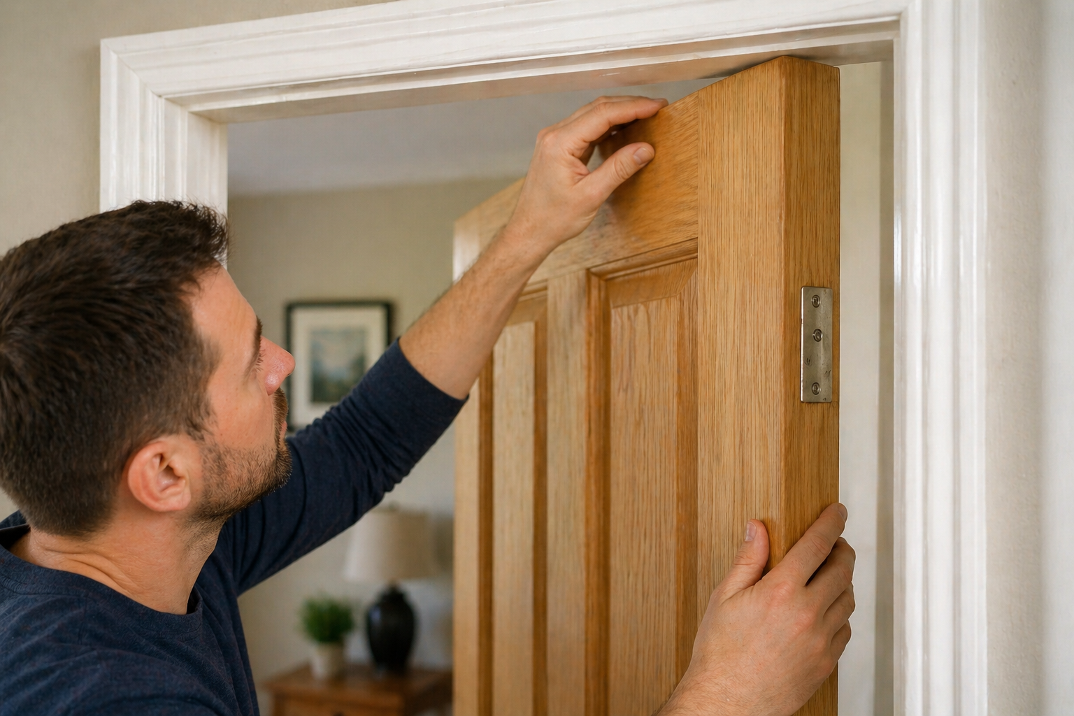Inspecting and adjusting a door rubbing at the top corner near the frame