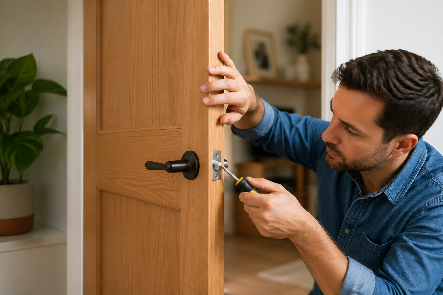 Fixing a door that sticks when closing by adjusting the latch with a screwdriver