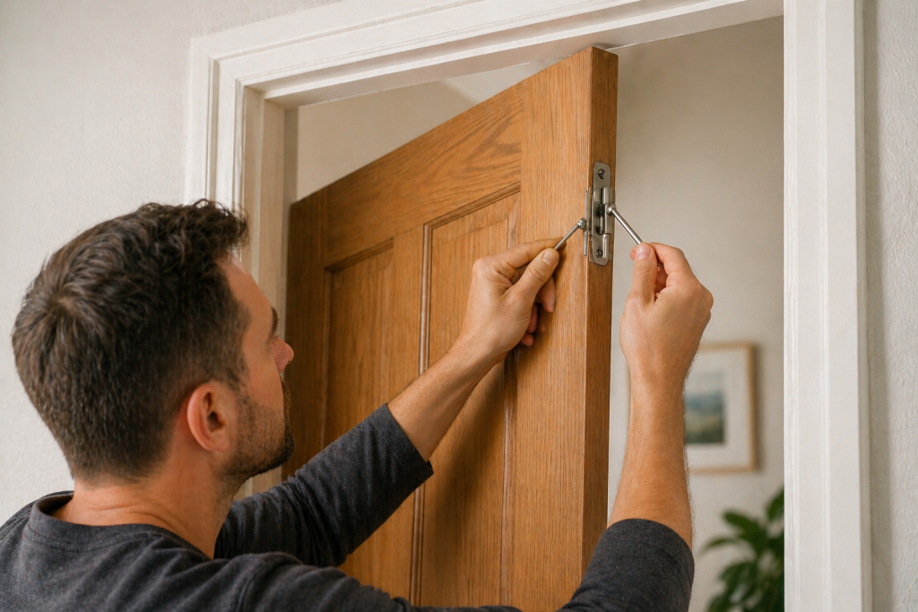 Adjusting door hinges to fix a sagging door without removing it