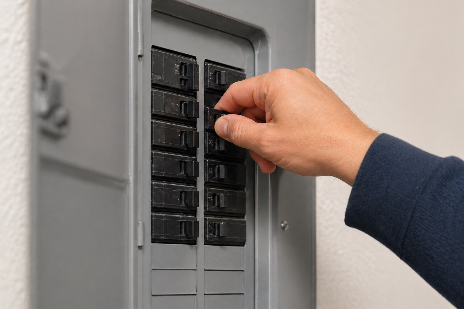 Hand resetting a tripped circuit breaker inside a home electrical panel during a simple DIY fix