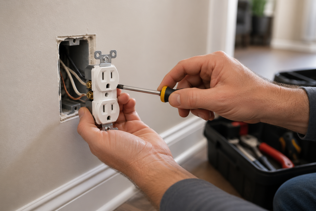 Hands using a screwdriver to repair a wall electrical outlet with exposed wiring during a DIY home fix