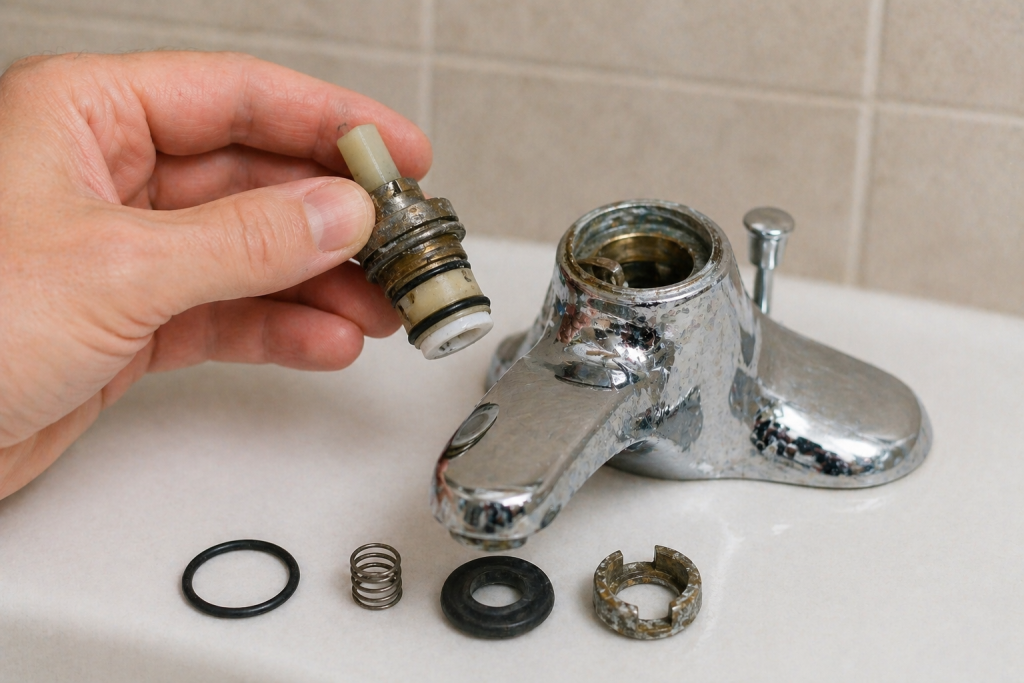 close up of faucet parts being inspected to identify worn washer or cartridge causing leak