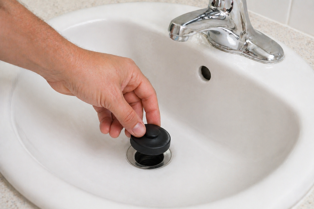 hand placing stopper into bathroom sink drain to prevent parts from falling during faucet repair