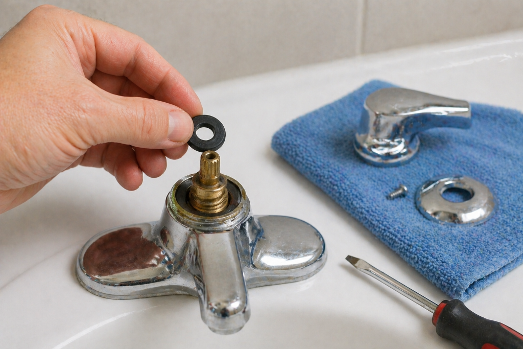 installing new faucet cartridge to replace worn part causing leaky faucet