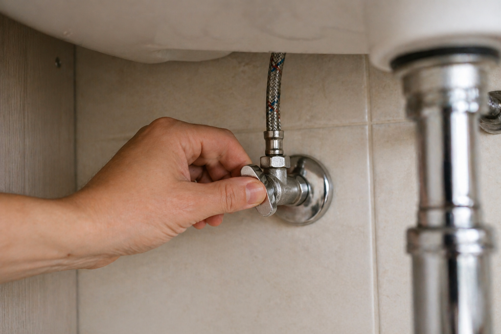 hand turning shut off valve under sink to stop water supply before fixing dripping sink