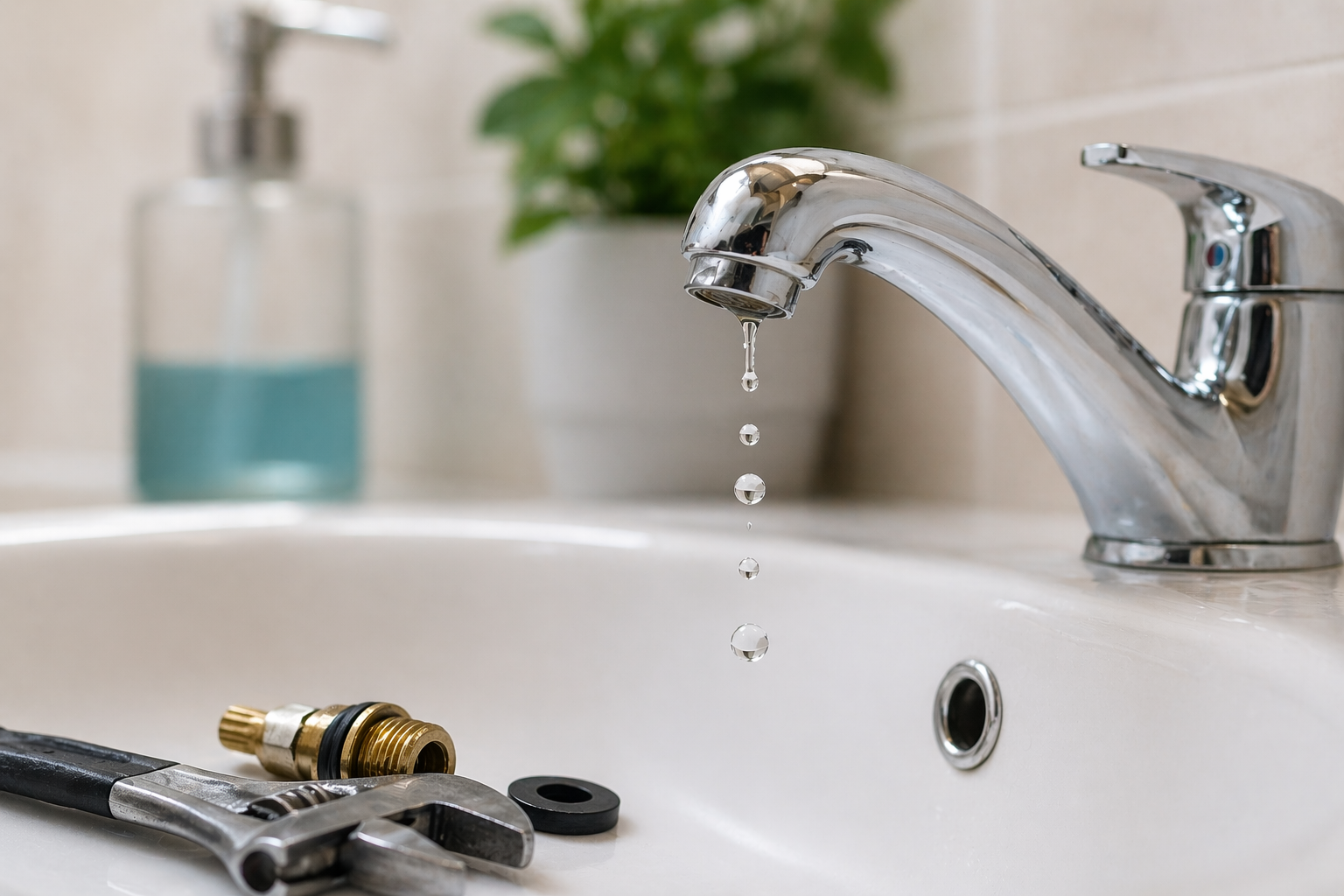 dripping kitchen sink faucet with water droplets and plumbing tools