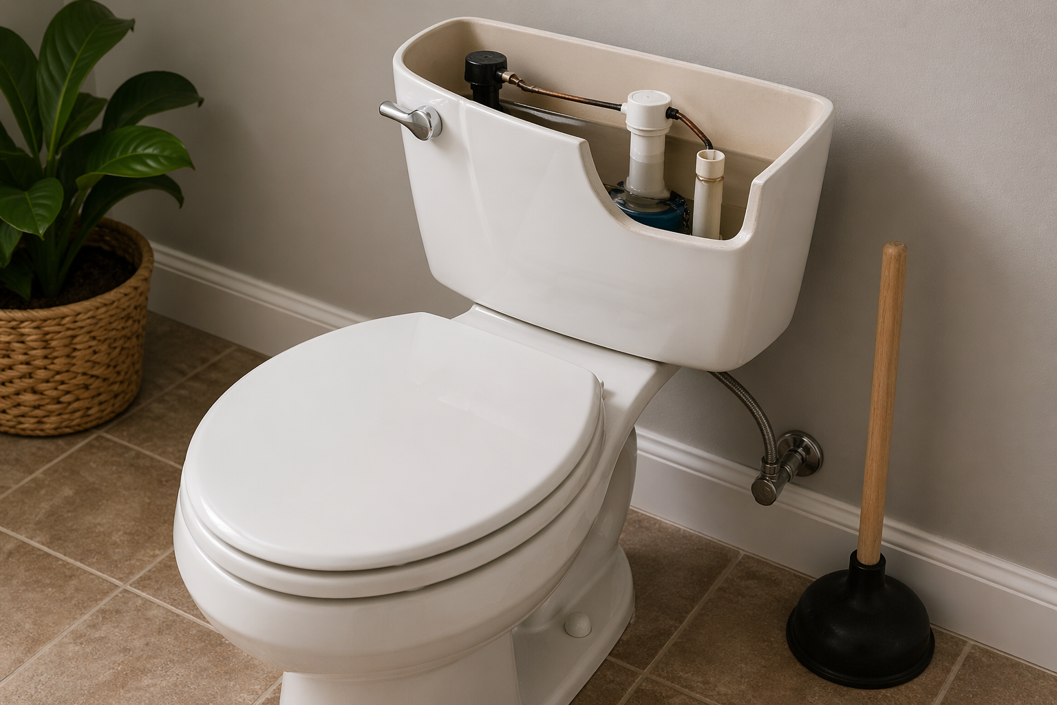 Toilet with open tank showing internal parts next to a plunger in a clean bathroom
