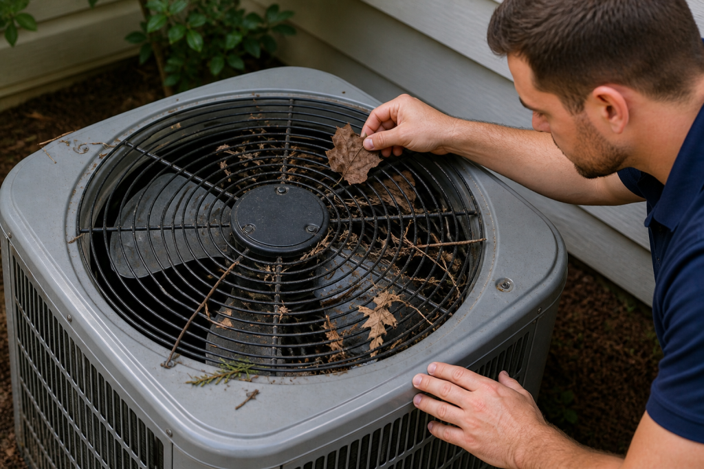 Removing debris from AC condenser fan to fix fan not spinning issue