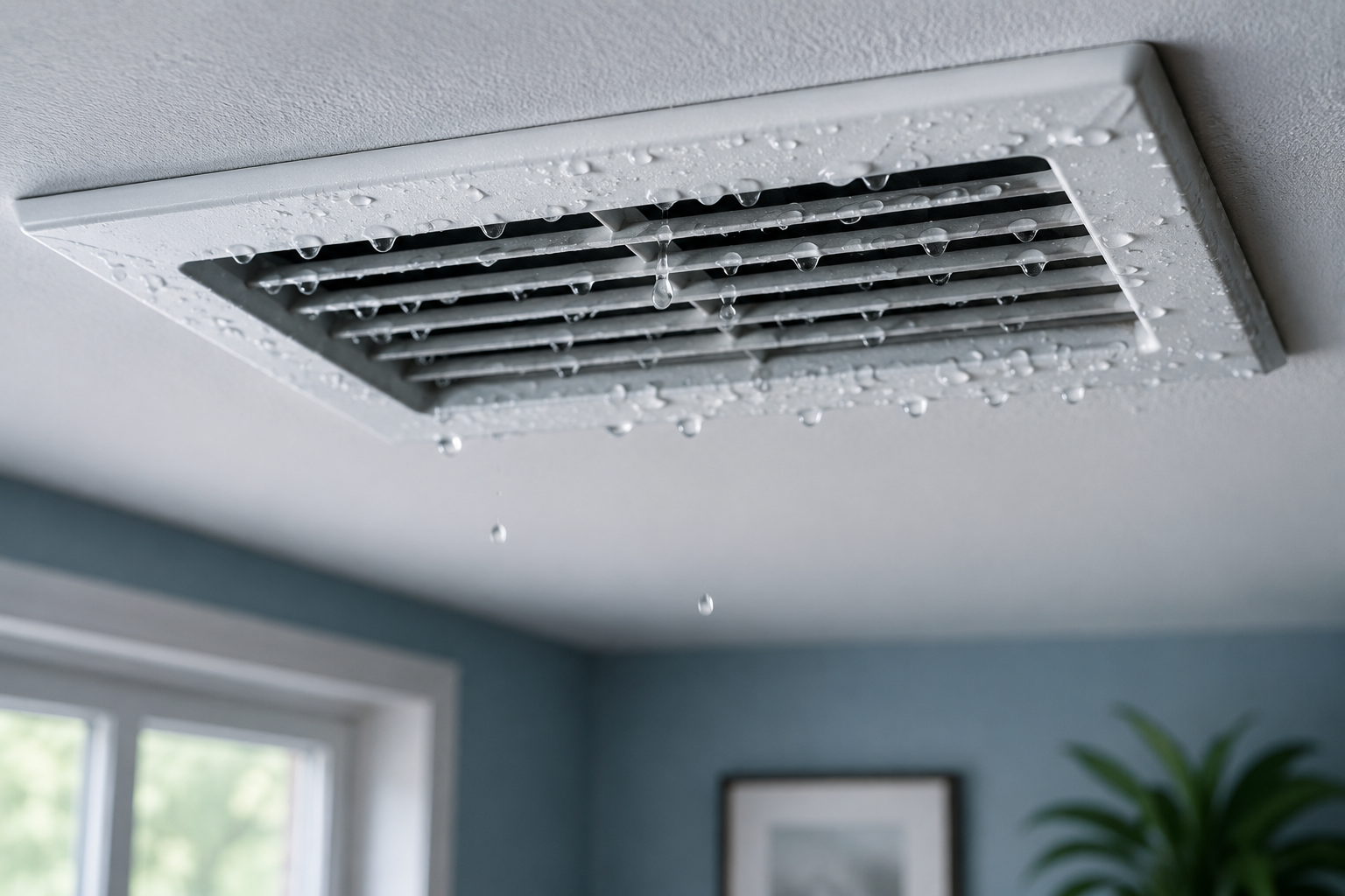 Ceiling air vent with visible condensation and water droplets forming around the HVAC vent inside a residential home