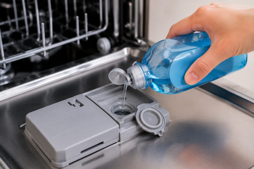 Hand refilling the rinse aid compartment inside a dishwasher door to help prevent cloudy dishes and water spots