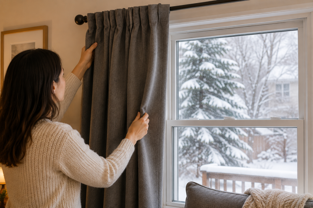 Installing thermal curtains over a residential window to reduce winter drafts and improve indoor insulation efficiency