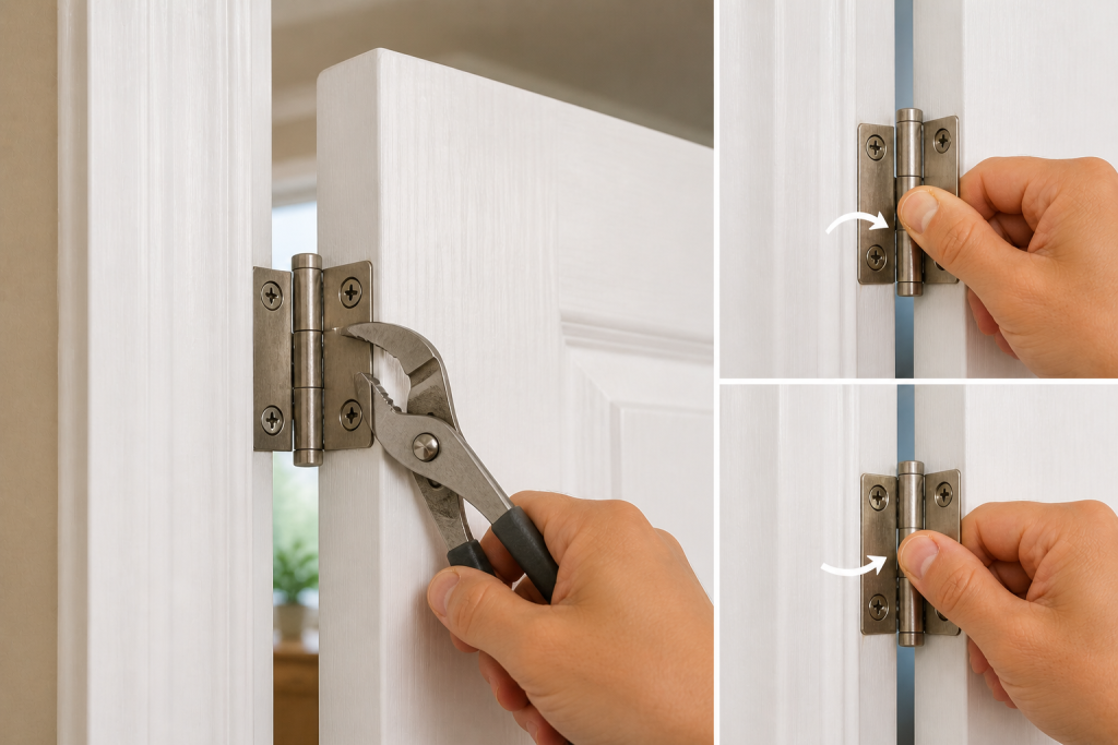 Adjusting a door hinge with pliers to fix a door rubbing at the top corner