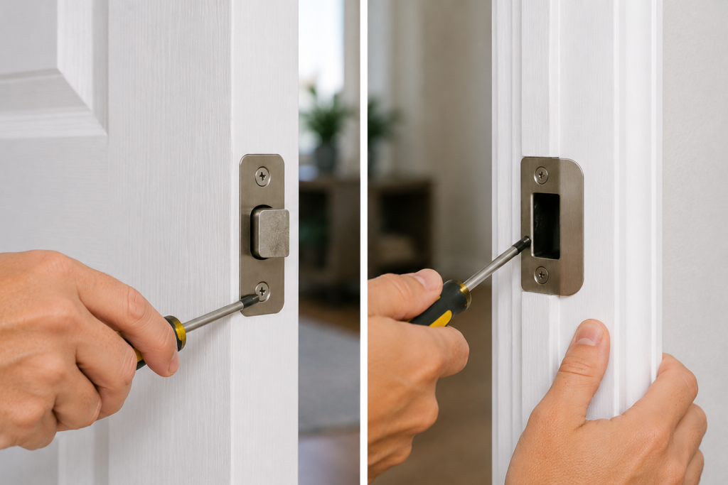 person adjusting a door latch and strike plate with a screwdriver on a white interior door during a repair project