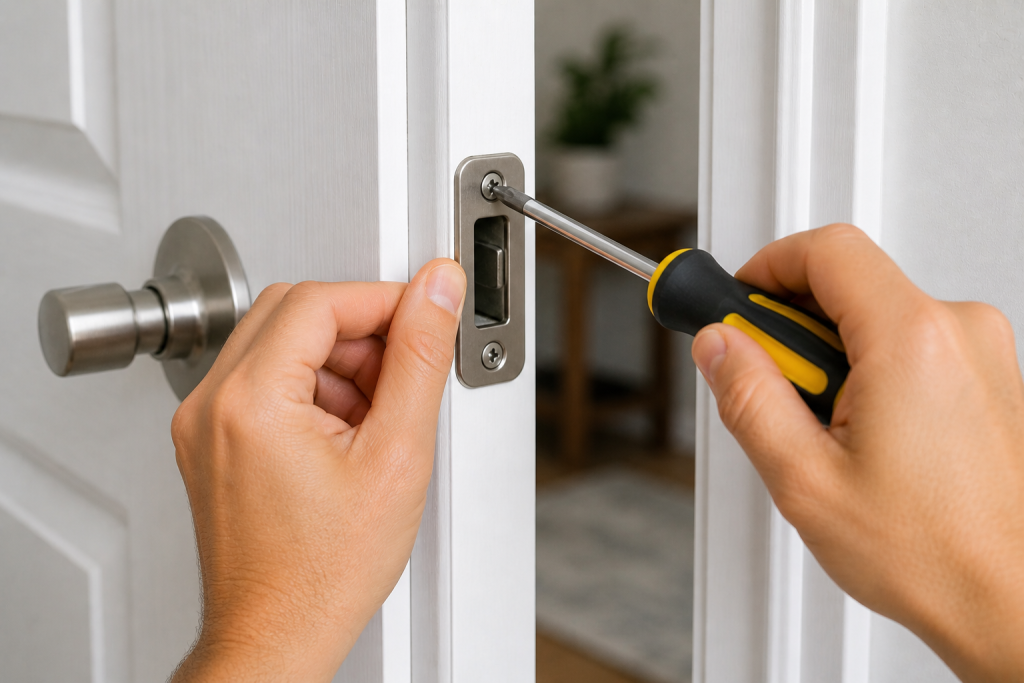Adjusting strike plate on door frame to fix a door that won’t latch properly