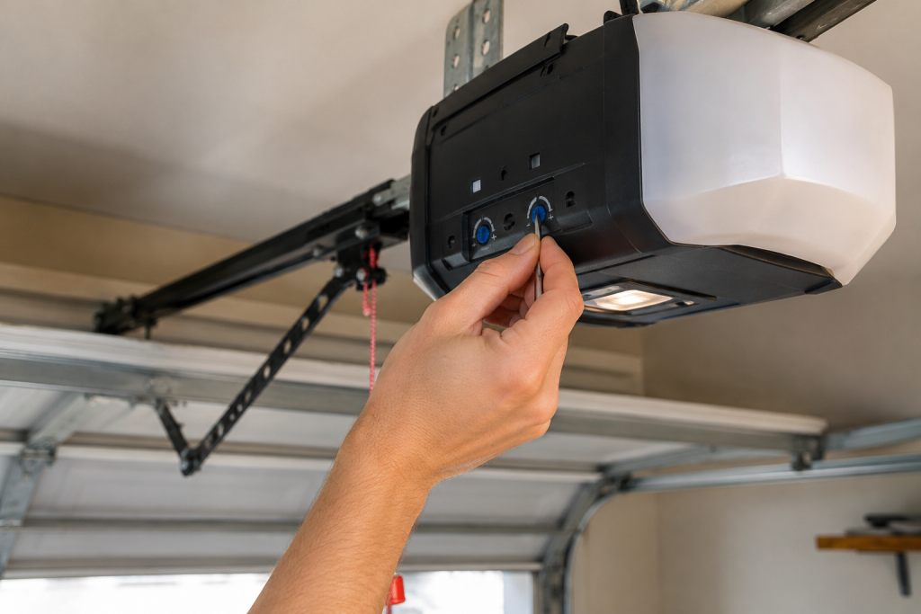 Hand adjusting the close limit settings on a ceiling-mounted garage door opener using a screwdriver inside a residential garage