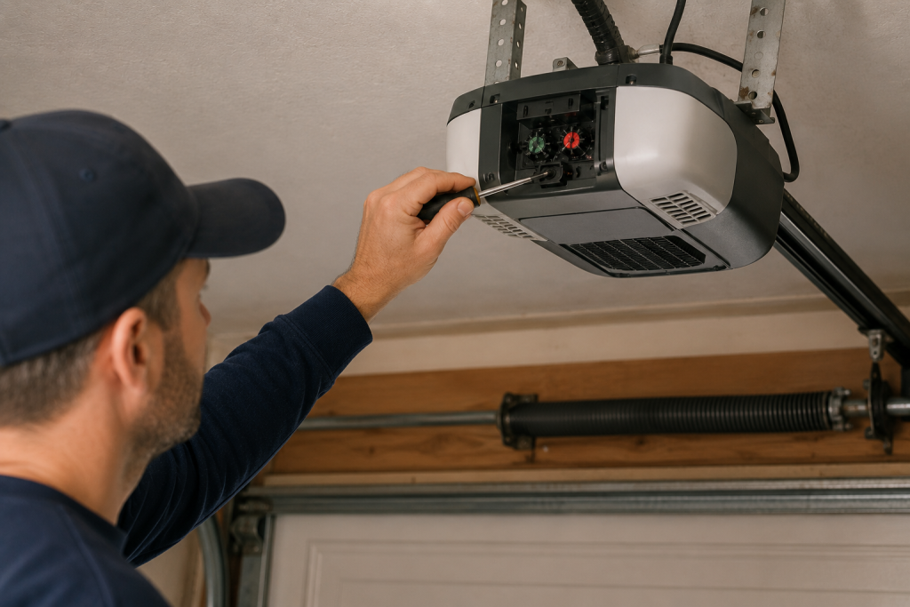 Adjusting garage door opener travel limit settings with a screwdriver during residential garage door troubleshooting and repair maintenance