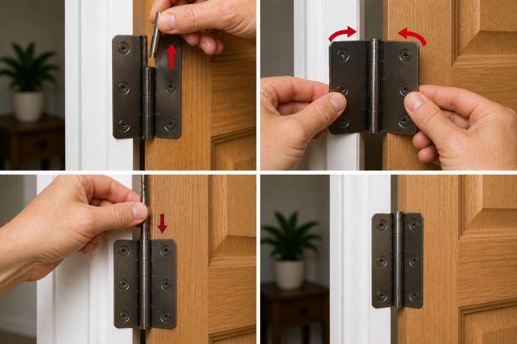 Adjusting door hinge position by removing and bending hinge pin to fix sagging door