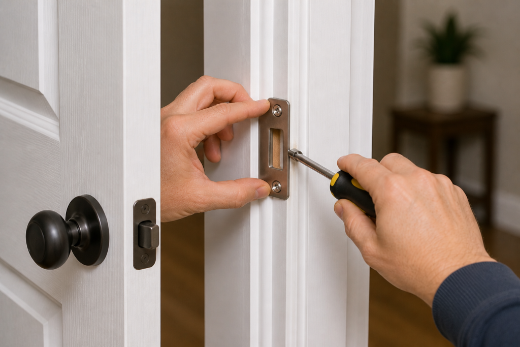 Adjusting door strike plate alignment to fix a door that sticks when closing