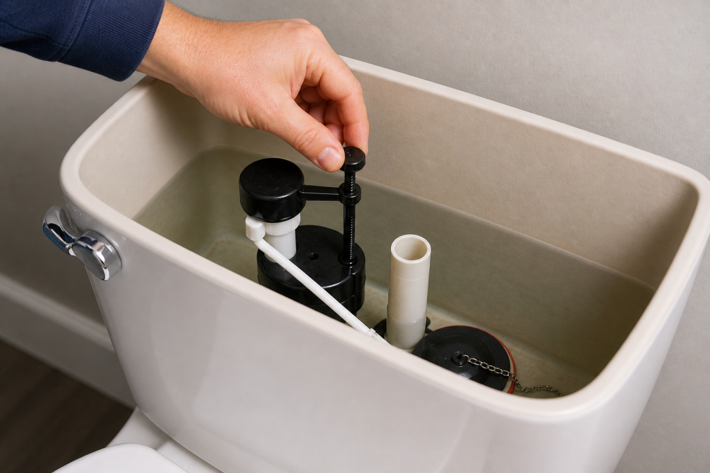 Adjusting toilet tank float to set proper water level for better flushing performance