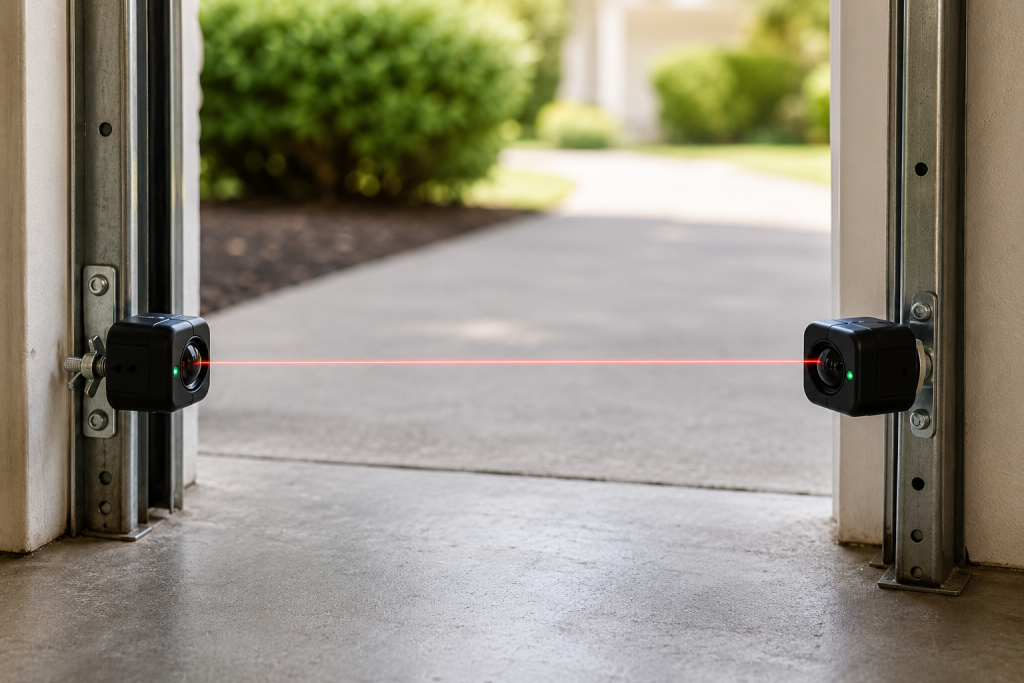 properly aligned garage door safety sensors facing each other across garage opening
