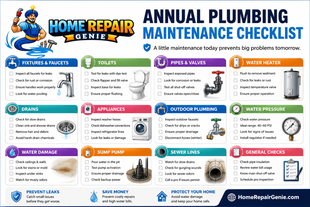 annual plumbing maintenance checklist overview graphic from Home Repair Genie showing plumbing inspection tasks for faucets toilets drains water heater pipes water pressure and leak prevention for homeowners