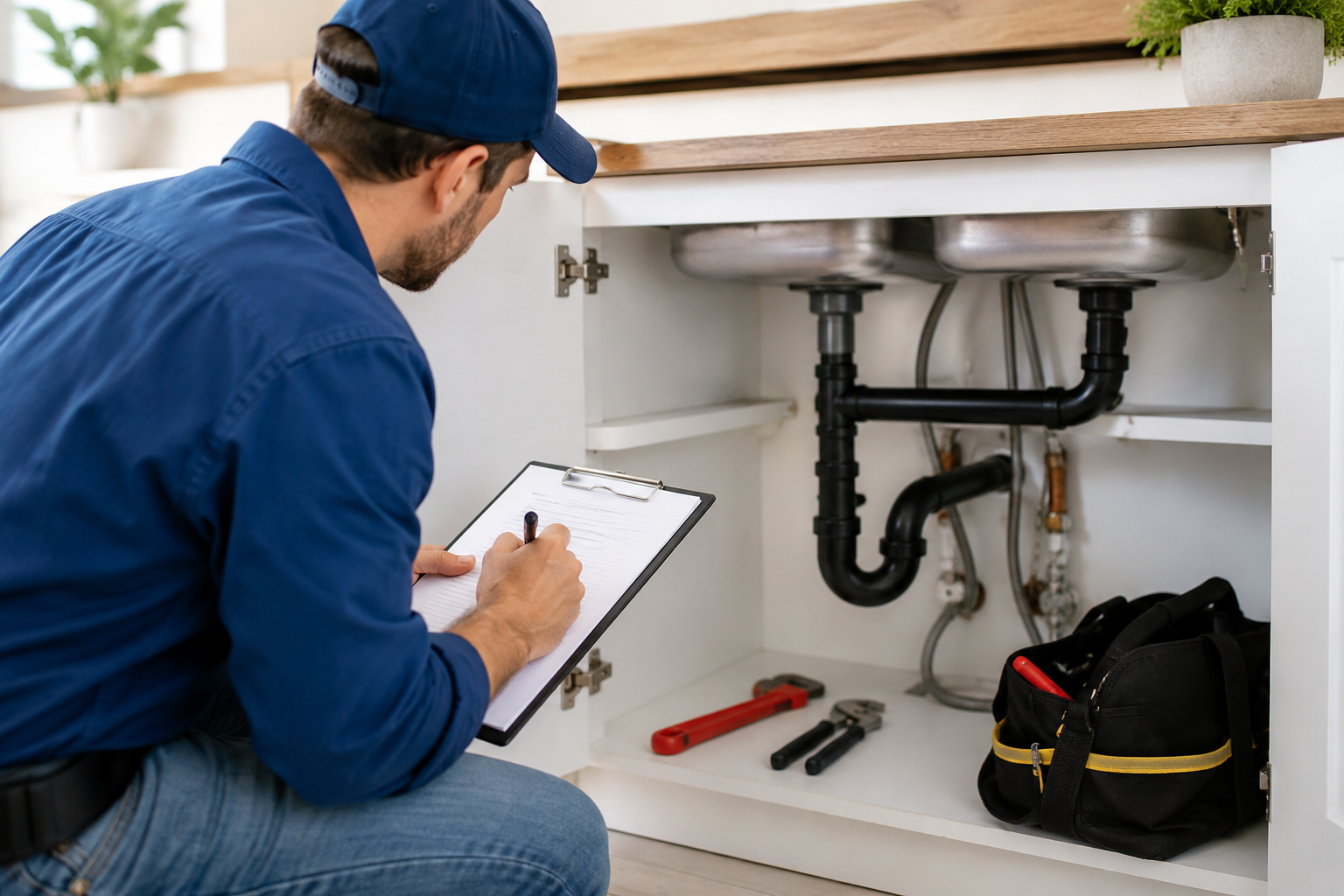 homeowner inspecting plumbing pipes under a kitchen sink during annual plumbing maintenance checklist inspection