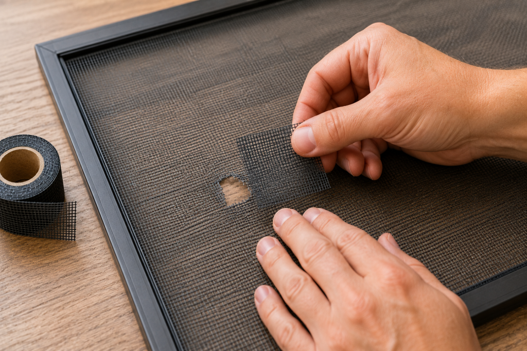 Homeowner applying a mesh repair patch over a small hole in a window screen during a DIY screen repair project