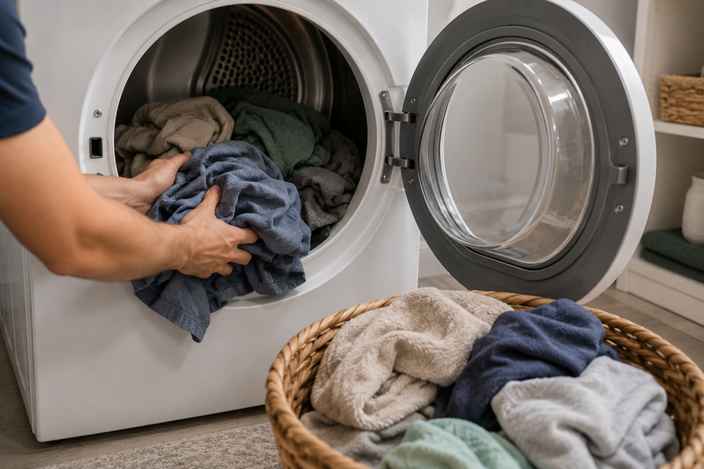 Homeowner removing excess clothes from overloaded dryer drum to improve airflow and reduce drying time in laundry room