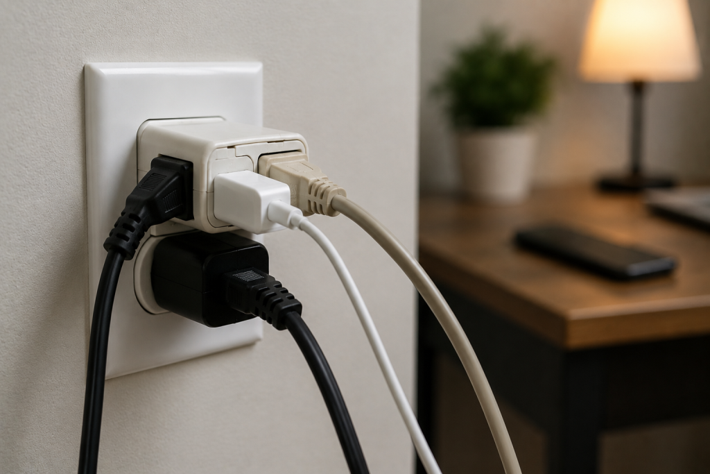 overloaded electrical outlet with multiple plugs and power adapters connected to one circuit