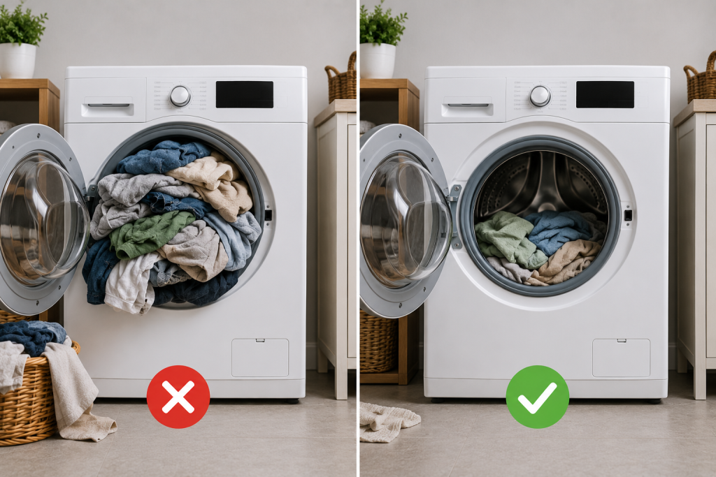 Homeowner removing excess laundry from an overloaded front-load washing machine to prevent excessive shaking during the spin cycle
