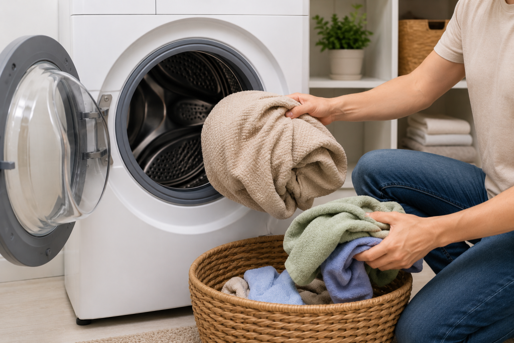 Homeowner preparing to wash a heavy blanket with smaller towels in an LG front load washing machine to prevent a UE unbalanced load error during the spin cycle