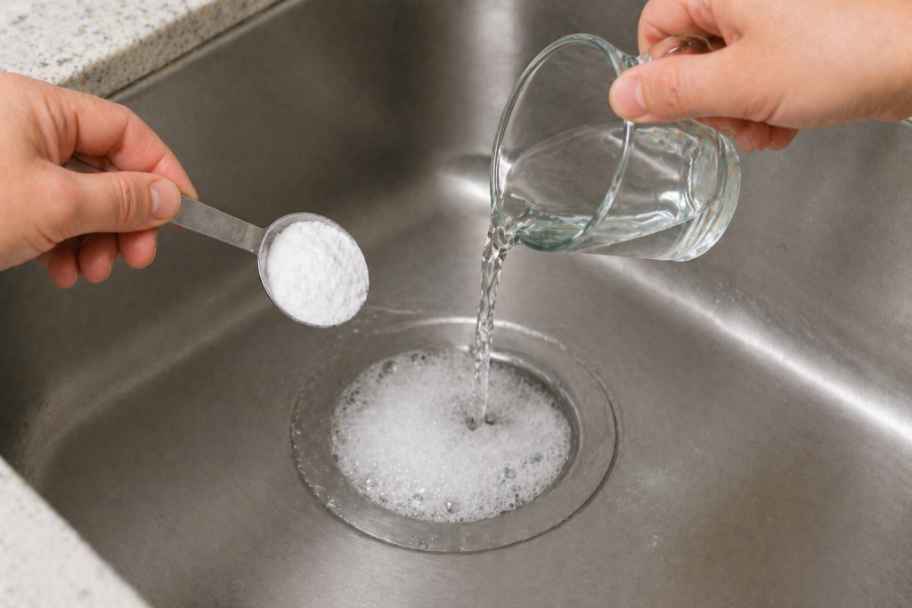 pouring baking soda and vinegar into drain to unclog it