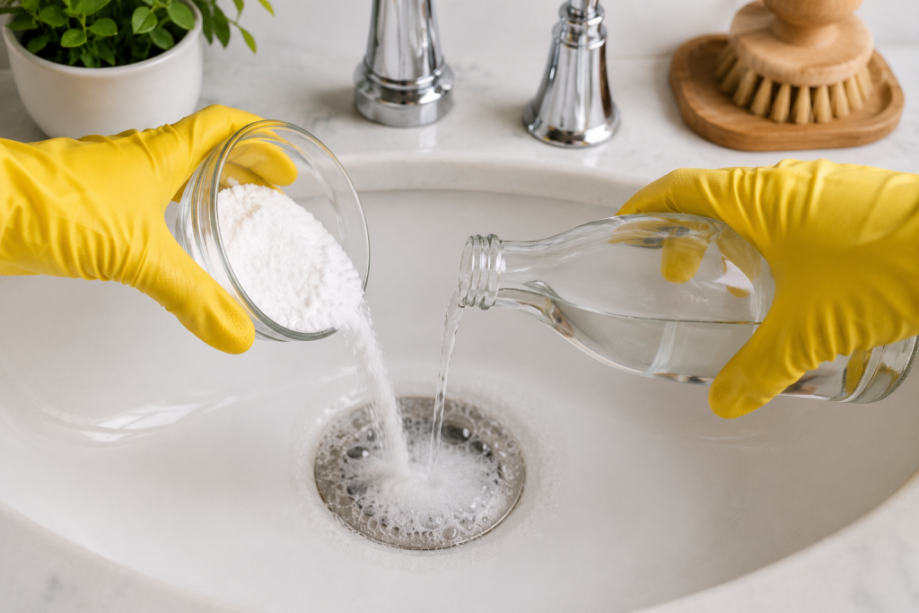 Person wearing yellow cleaning gloves pouring baking soda and vinegar into a bathroom sink drain to clear a slow draining sink.