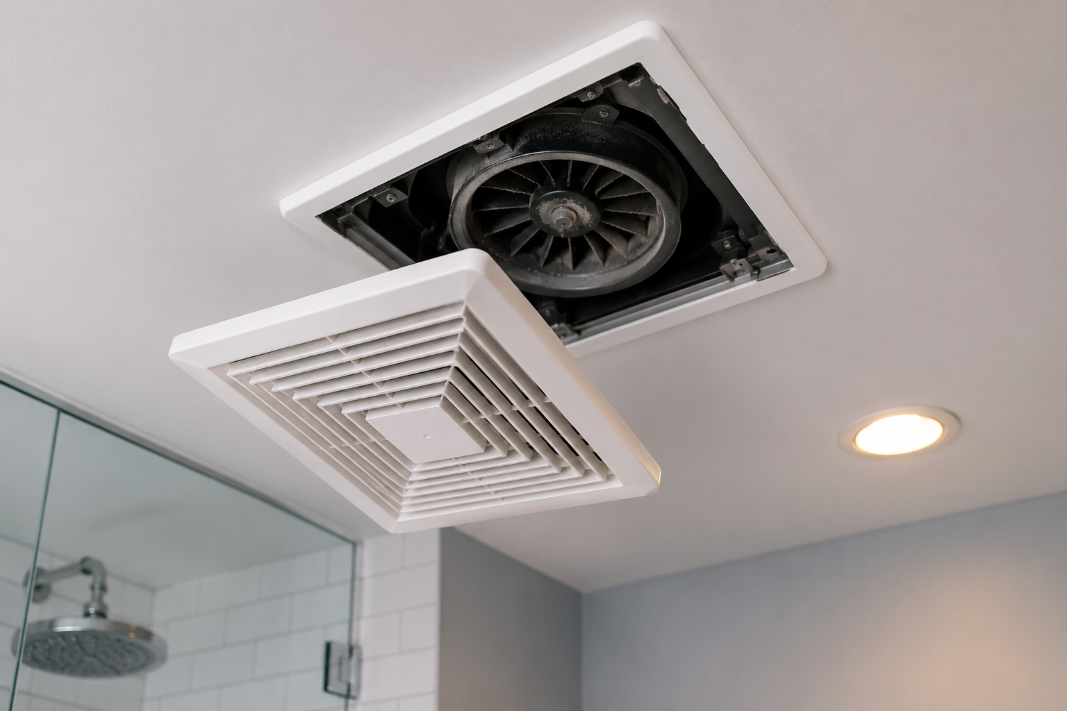 Bathroom exhaust fan with removed cover showing dusty fan blades during bathroom ventilation repair troubleshooting
