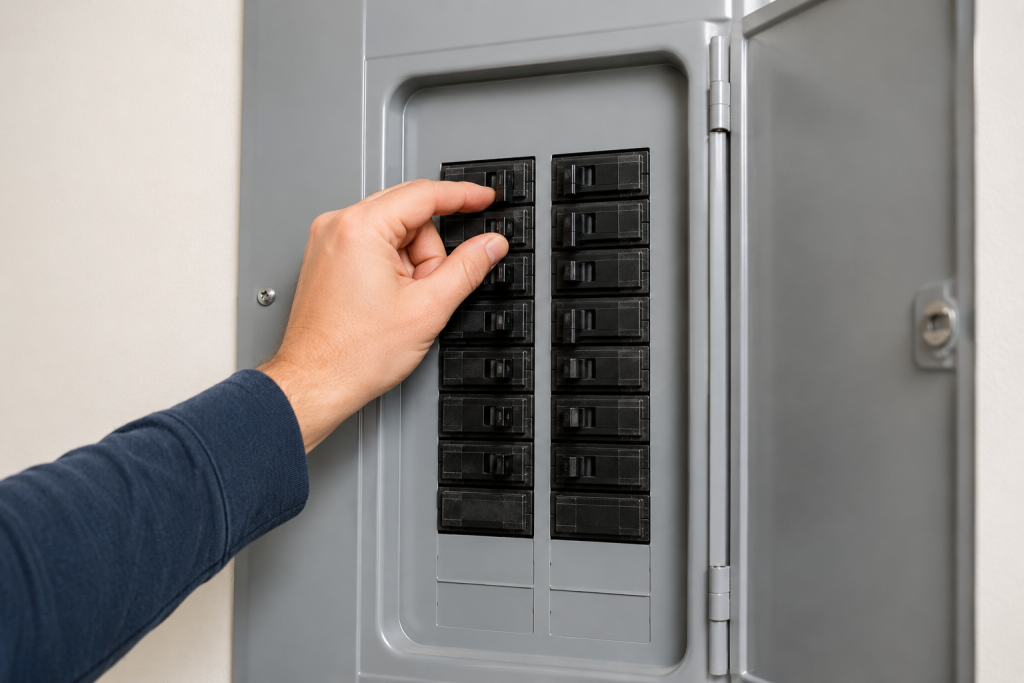 Hand resetting a circuit breaker while troubleshooting a bathroom exhaust fan not working