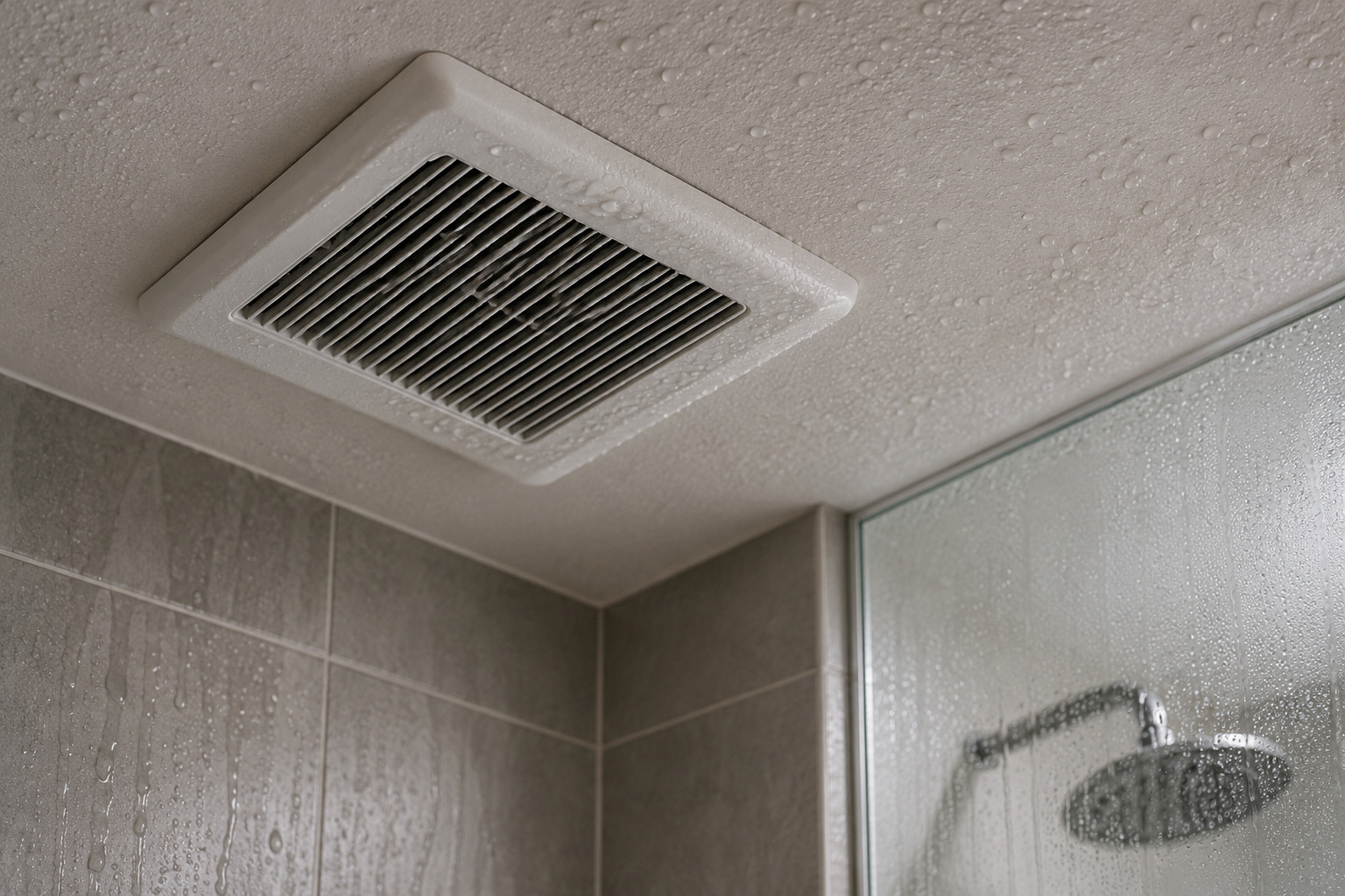 Bathroom exhaust fan on a moisture-covered ceiling with condensation visible on bathroom surfaces after a hot shower.