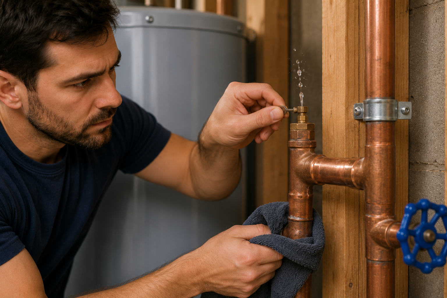 Homeowner opening a faucet and bleeding trapped air from residential plumbing pipes during a plumbing system maintenance procedure