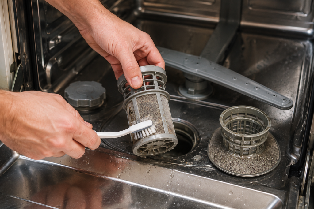Dishwasher bottom filter assembly being removed and cleaned under running water during Bosch E15 error troubleshooting and drainage maintenance repair