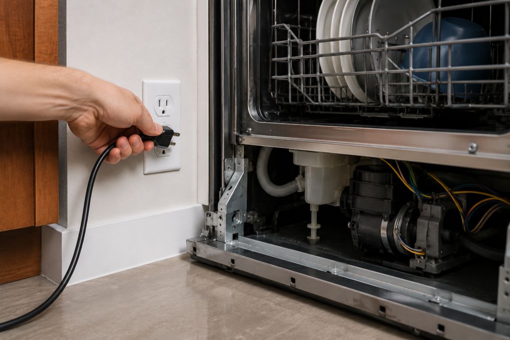 Hand unplugging a Bosch dishwasher power cord from a kitchen wall outlet before beginning Bosch E15 error troubleshooting and leak inspection repair
