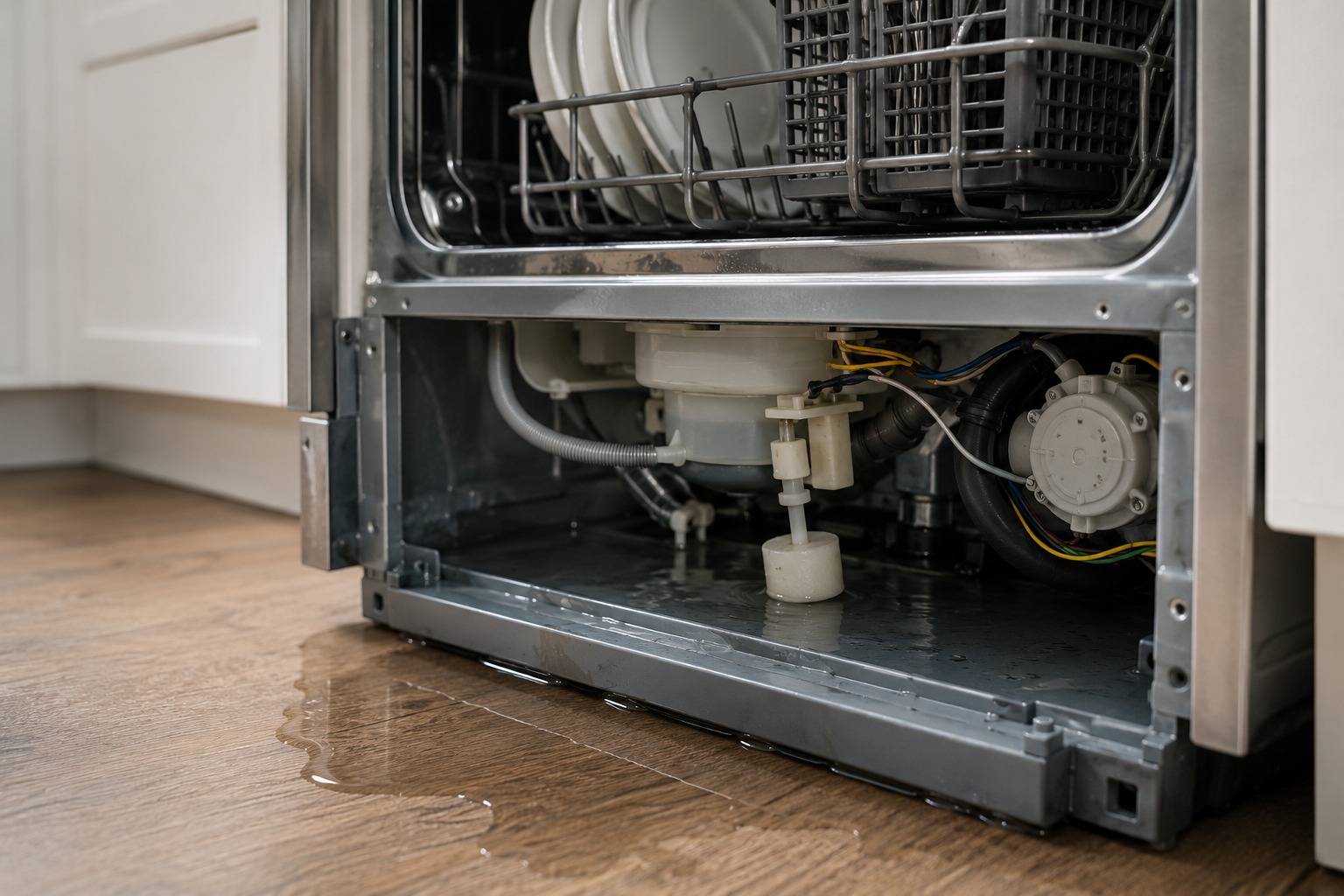 Bosch dishwasher with lower access panel removed and water leaking underneath onto a kitchen floor during E15 error troubleshooting repair