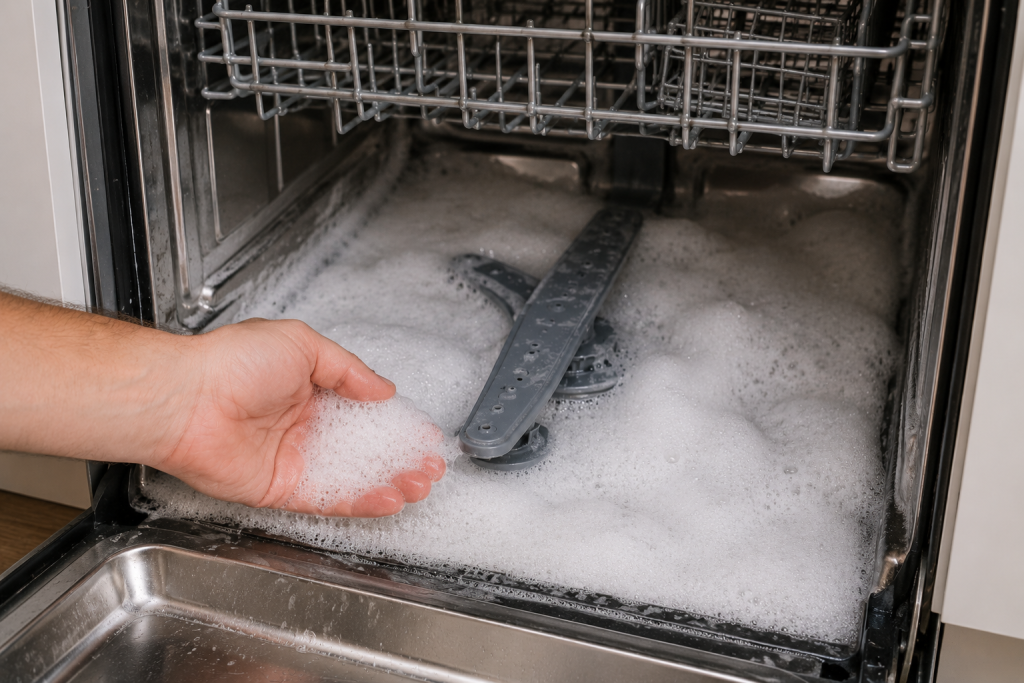 Thick soap suds overflowing inside a Bosch dishwasher during a wash cycle caused by excessive detergent use and contributing to an E15 error leak condition