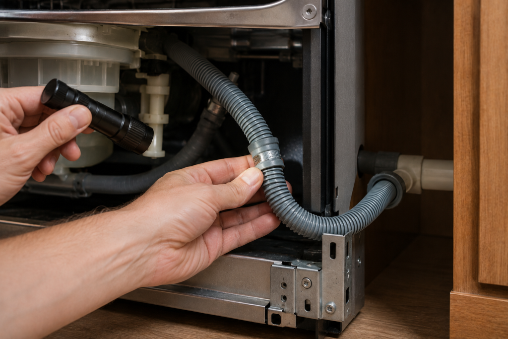 Close-up of a Bosch dishwasher drain hose and hose clamp being inspected for leaks and loose connections during E15 error troubleshooting repair