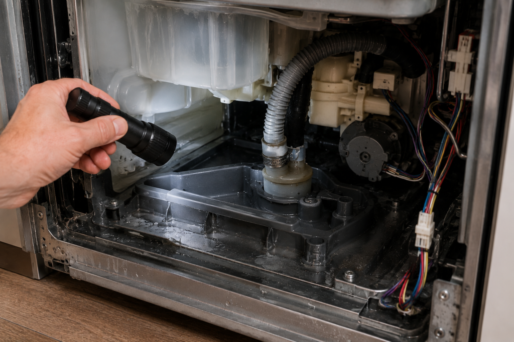 Technician inspecting internal dishwasher components, hoses, circulation pump, and water connections underneath a Bosch dishwasher while troubleshooting leaks causing an E15 error code