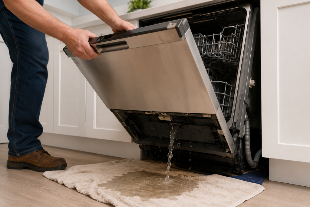 Bosch dishwasher being carefully tilted backward while water drains onto towels during E15 error leak troubleshooting and base pan reset repair