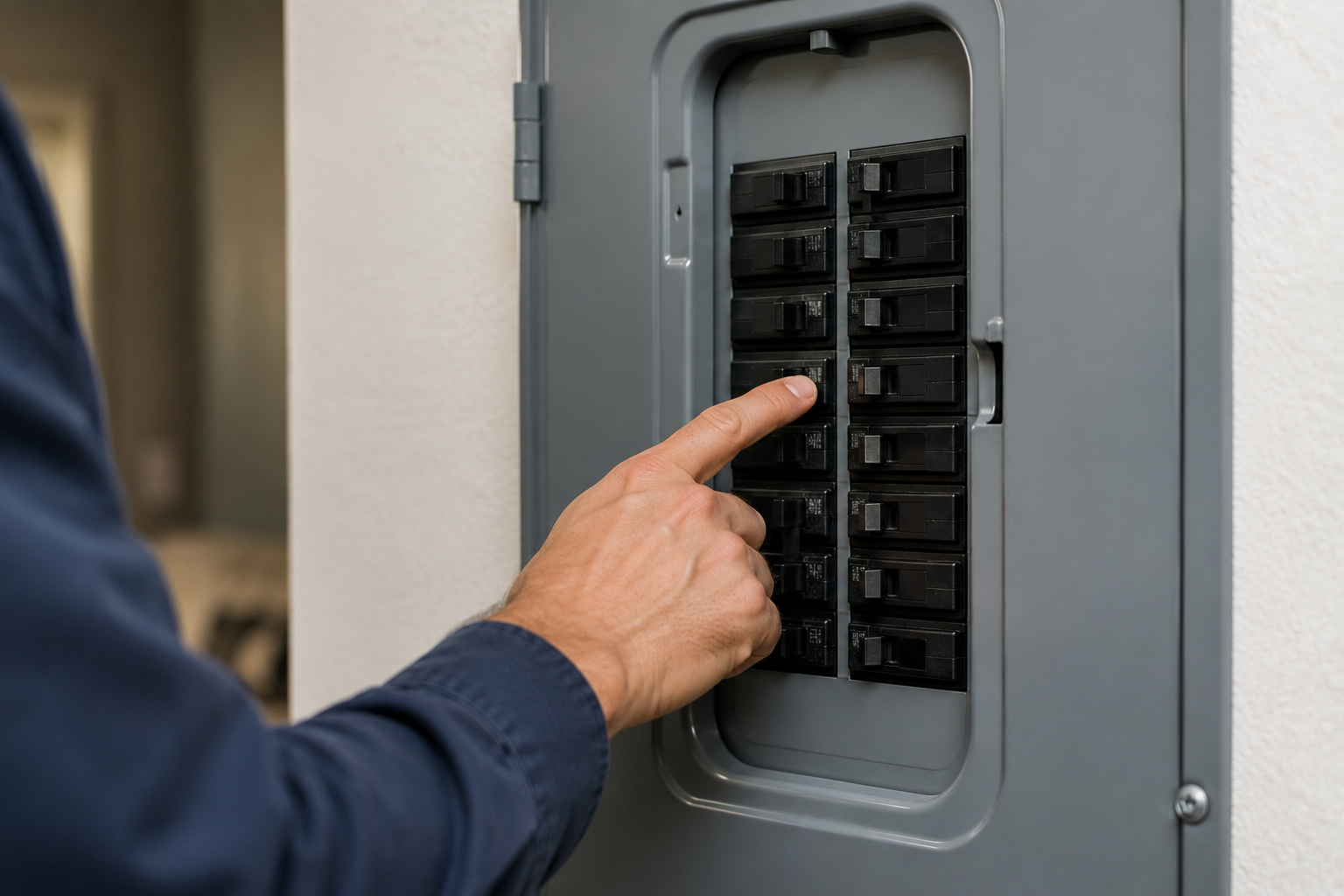 Homeowner resetting a circuit breaker while troubleshooting a breaker keeps tripping problem