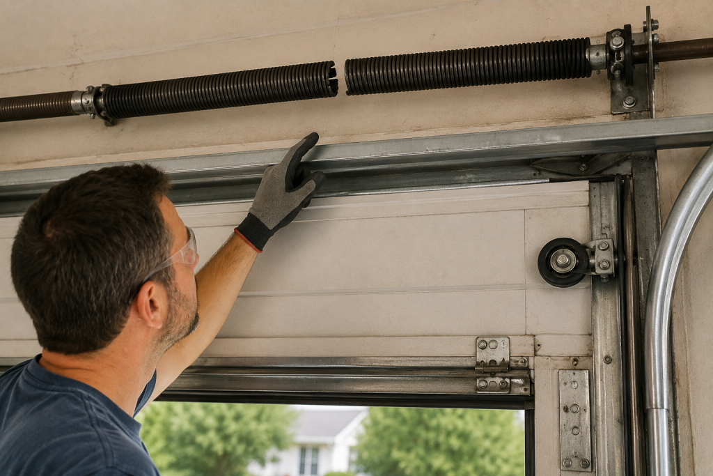 damaged garage door roller and broken torsion spring mounted above residential garage door track