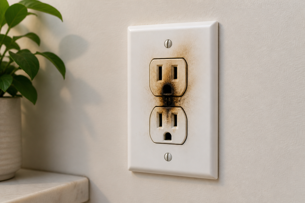 electrical outlet with burn marks and discoloration indicating damage and potential wiring issue