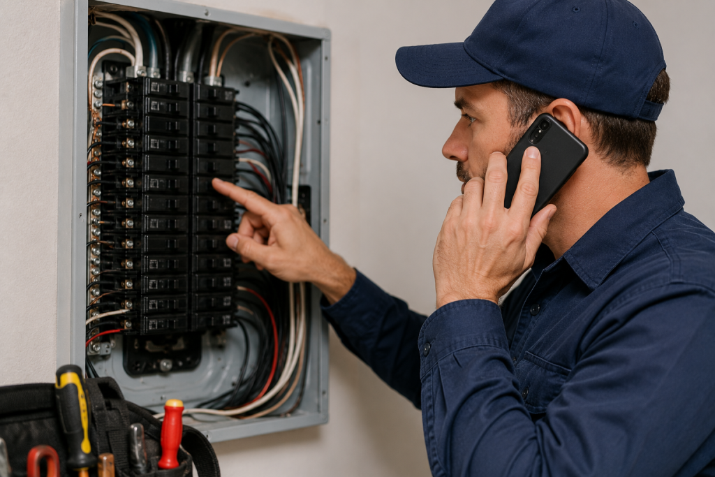 Licensed electrician inspecting an electrical panel while troubleshooting persistent breaker tripping problems